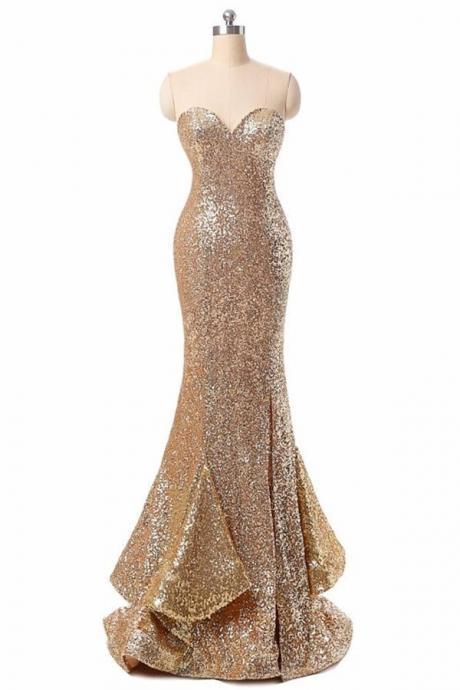 Golden Sequin Prom dresses, Long Mermaid Prom Dresses, Sweetheart Prom Dresses, Zipper Prom Dresses, Ruffles Prom Dresses, TYP0204