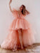 Elegant Sexy Deep V-neck Sleeveless Pink Tulle High Low A-line Long Cheap Evening Prom Dresses, PDS0030