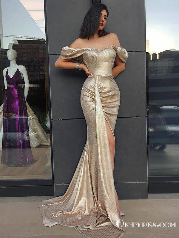 Off-The-Shoulder Newest Gold Sequin High Side Slit Sparkly Long Cheap Evening Prom Dresses, TYP2091