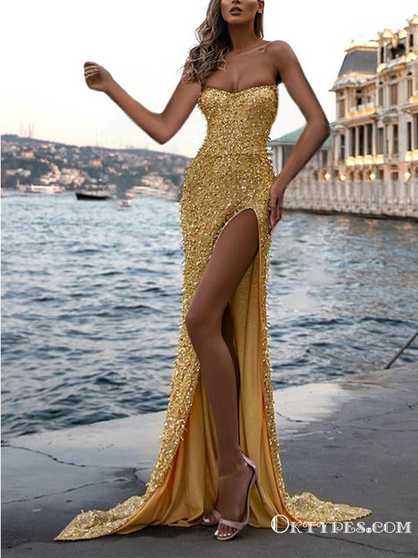 Sweethert Sparkly Yellow Sequin Sleeveless High Side Slit A-line Long Oktypes Sweethert Sparkly Yellow Sequin Sleeveless High Side Slit A-line Long Oktypes
