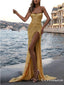 Sweethert Sparkly Yellow Sequin Sleeveless High Side Slit A-line Long Cheap Evening Prom Dresses, TYP2101