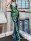 Sexy Halter Open Chest Sleeveless Sparkly Green Sequin Long Cheap Mermaid Evening Prom Dresses, TYP2102