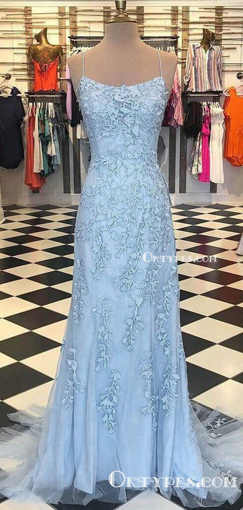 Spaghetti Strap Sky Blue Mermaid Prom Dresses Backless Pageant Formal Dresses, TYP1226