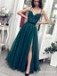 New Arrival Charming Spaghetti Straps A-line Long Cheap Tulle Side Slit Prom Dresses With Beadings, TYP2083