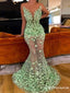 Sexy Deep V-neck Sleeveless Mint Tulle Handmade flower appliqued Mermaid Long Cheap Prom Dresses, PDS0023