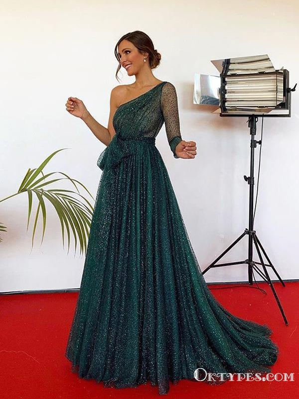 One Shoulder Long Sleeveless Sparkly Green Sequin A-line Long Cheap Evening Prom Dresses, TYP2095