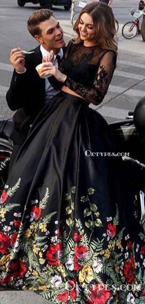 Two Piece Black Prom Dresses, Long Sleeve Prom Dresses, Open-back Prom Dresses, Appliques lace Prom Dresses,TYP0305