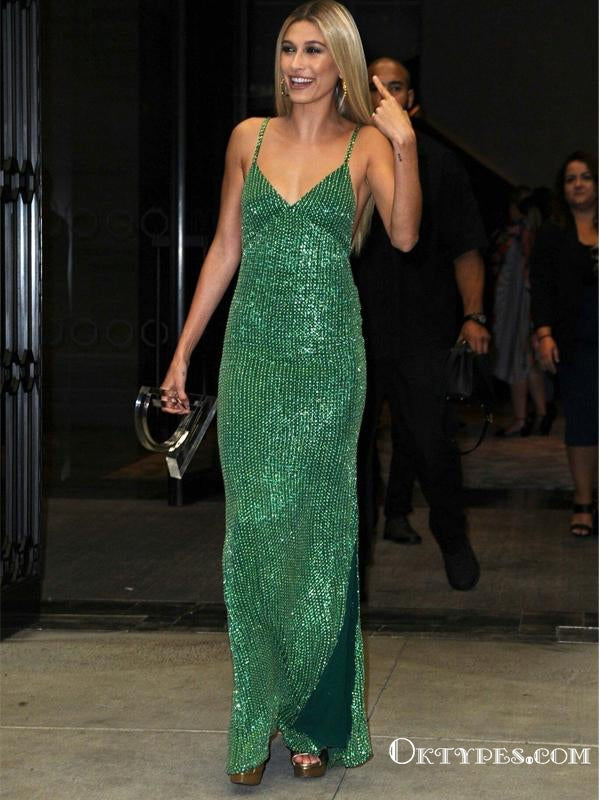 New Arrival Sparkly Spaghetti Strap Sleeveless Green Sequin Long Cheap Prom Dresses, TYP2086