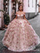 Ball Gown Off-The-Shoulder Charming Newest Pink Tulle Handmade Flower Appliqued Long Cheap Prom Dresses, PDS0027