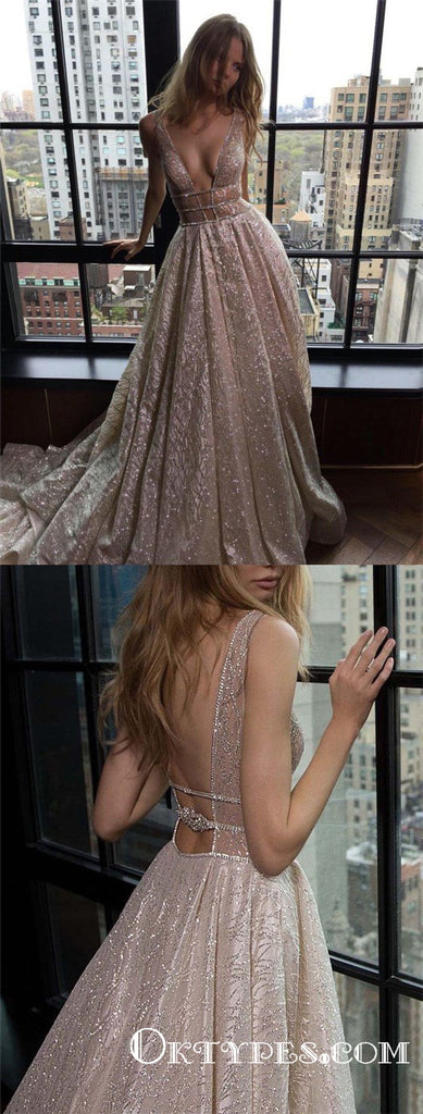Sparkly Ball Gown V Neck Satin Champagne Sequins Long Prom Dresses, TYP1761
