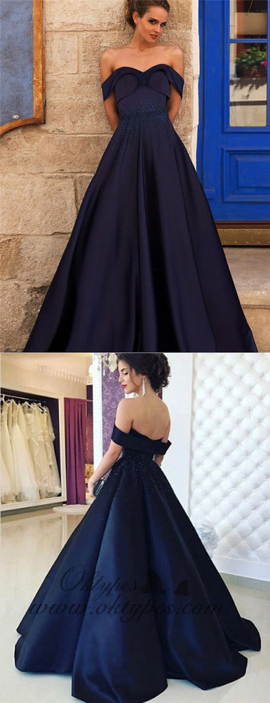A-Line Off-the-Shoulder Pleated Navy Blue Satin Prom Dresses with Beading, TYP1302