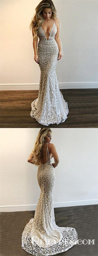 Sexy Deep V-neck Long Cheap Mermaid Prom Dresses With Beaded, TYP1819