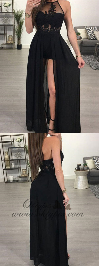 A-line Halter See-through Black Chiffon Sexy Long Prom Dresses with Slit, TYP1223