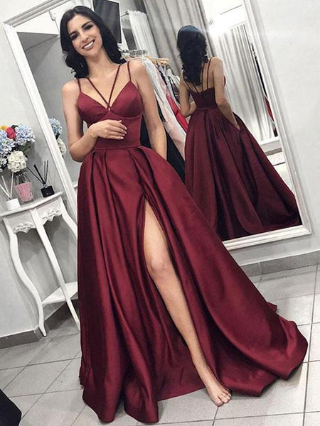 Ruby Red Satin V-neck Spaghetti Straps Prom Dress - Promfy
