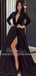 Long Sleeves Black Velvet Top A-line Satin Side Slit Prom Dresses, TYP1584