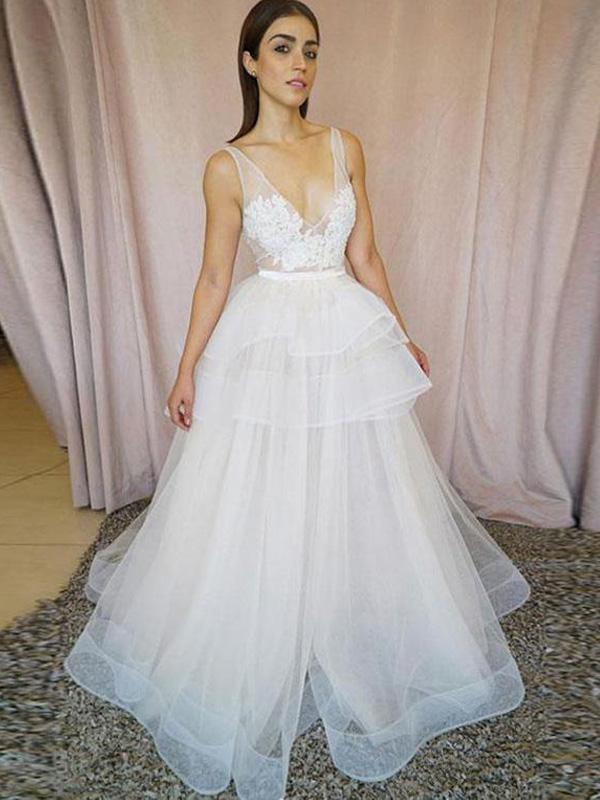 Fashion V-Neck Sexy Lace Ivory A-line design Long Prom Dresses, TYP1590