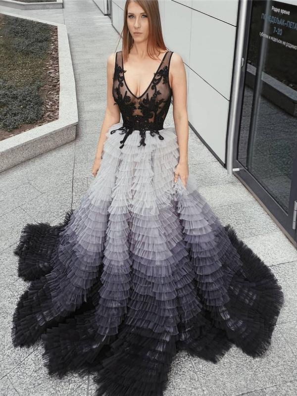 Unique V-neck Lace Beaded Gradient Tulle Luxury Prom Dresses, TYP1609 – Oktypes