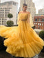 Off-The-Shoulder Yellow Beaded Long Sleeves A-line Long Cheap Tulle Formal Evening Gowns, Prom Dresses, PDS0070