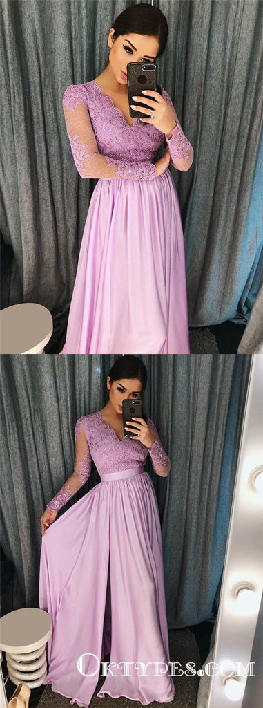 A-Line V-Neck Purple Satin Prom Dresses with Appliques Beading, TYP1890