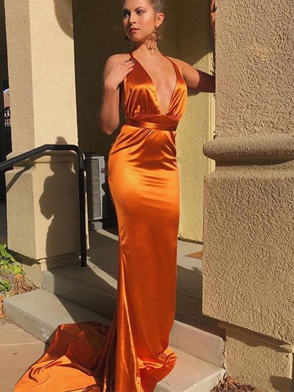 Sexy V-neck Open Back Ornage Mermaid Long Cheap Formal Evening Dresses Prom Dresses, PDS0055