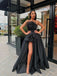 Strapless Feather Draped Satin Black High Split Custom Made Formal Party Gowns Prom Dresses, PDS0065