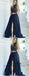 Two Piece High Neck Dark Blue Satin Prom Dresses with Lace&Split, TYP1282
