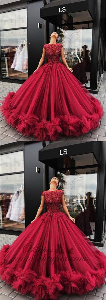 Red Scoop Cap Sleeve Ball Gown Tulle Prom Dresses with Beaded, TYP1433