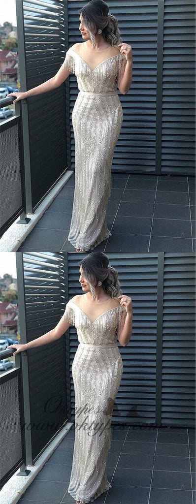 Sheath Illusion Round Neck Sequin Prom Evening Dresses with Tassels, TYP1278