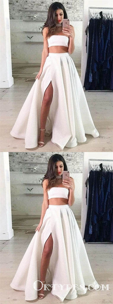Two Piece Strapless Long Cheap White Lace Prom Dresses with Split, TYP1823