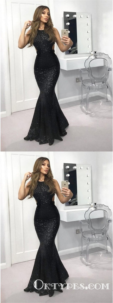 Charming Mermaid Backless Black Sequins Long Prom Dresses, TYP1652
