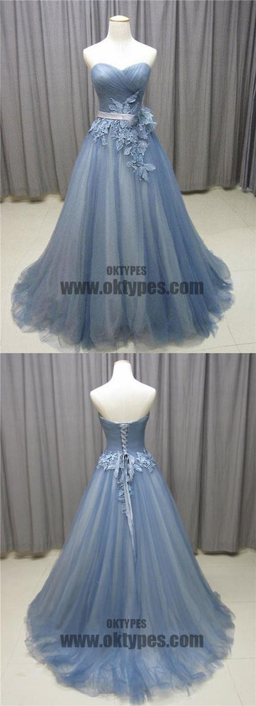 Sweetheart Neck Gray Blue Tulle Long Senior Prom Dress, Long Evening Dress With Lace Appliques, TYP0453