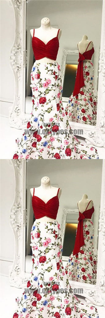 2 pieces Spaghetti Red Top Floral Mermaid Skirt Prom Dresses, Popular Prom Dresses, TYP0454
