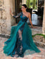 Emerald Green One Shoulder Sexy See Through Lace Appliques Long Sleeve A-line Long Prom Dresses, PDS0050