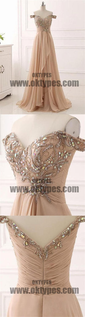 Long Floor Length Off-shoulder Beading Chiffon Prom Dresses, Zipper Prom Dresses, TYP0474