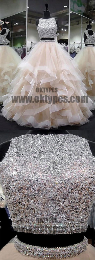 Two Piece A-line Beading Prom Dresses, Open-back Prom Dresses, Prom Dresses, TYP0475