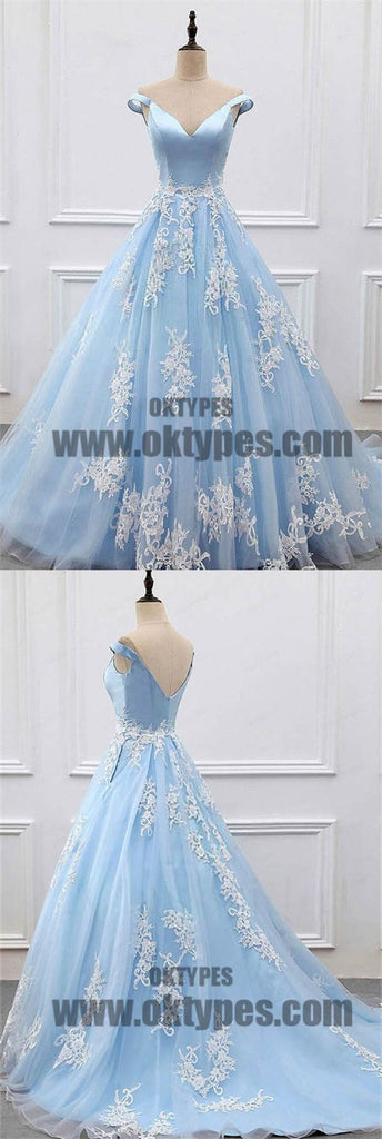 Charming Light Blue Top Satin Off The Shoulder A-Line Long Prom Dress With White Appliques, Prom Dress, TYP0482