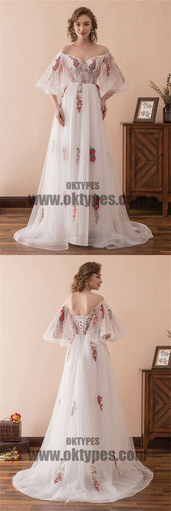 White Long mermaid Off Shoulder Half Sleeve Backless Lace Up Appliques Prom Dresses, TYP0503