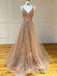 Charming Modest Tulle V-neck Sleeveless A-Line Long Lace Formal Evening Gowns Prom Dresses, PDS0040