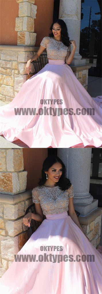 Two Piece Top Beaded Pink Satin Prom Dresses, Short Sleeve Scoop Prom Dresses, TYP0578