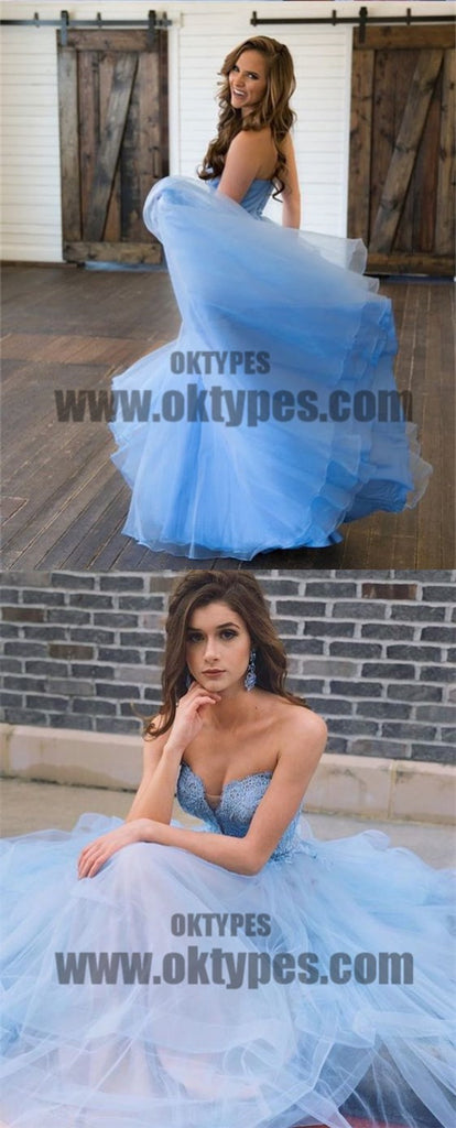 Sky Blue Sweetheart Top Lace Backless Zipper A-line Tulle Prom Dresses, TYP0580