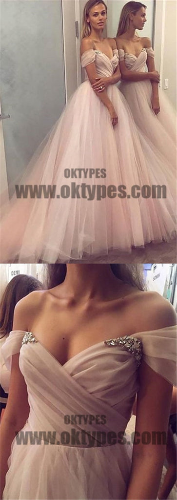 Long Light Pink Off-shoulder Ball Gown Prom Dresses With Little Beaded, TYP0581