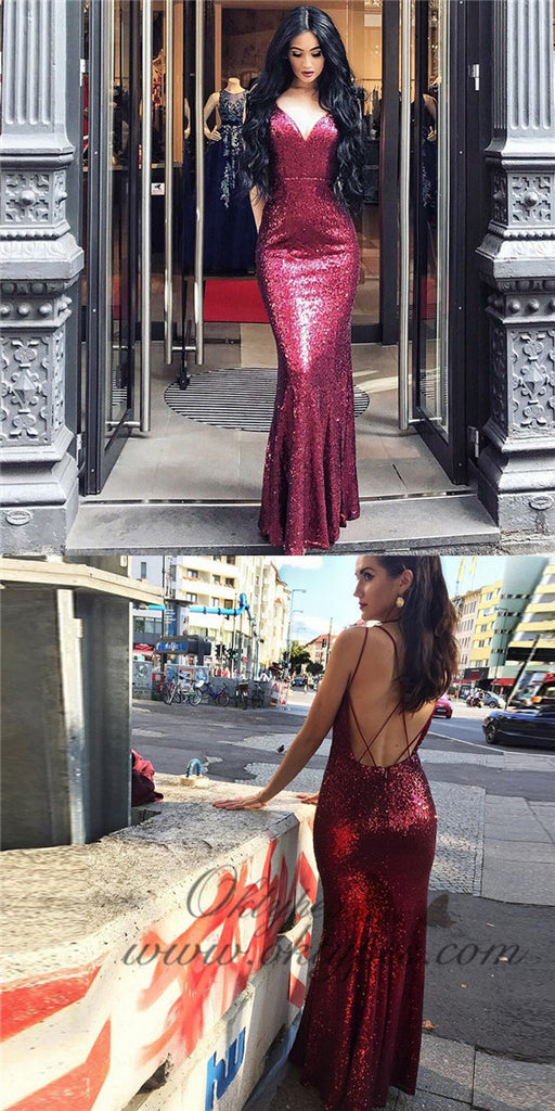 Red Mermaid Spaghetti Straps Backless Long Sequin Prom Dresses, TYP1437
