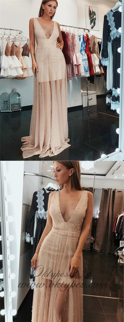 A-Line V-Neck Low Cut Blush Pink Tulle Prom Dresses with Pearls, TYP1301