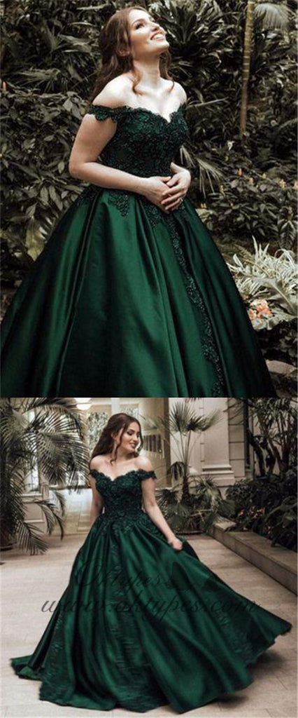 Dark Green Off The Shoulder Satin Ball Gown Long Prom Dresses With Applique, TYP1462