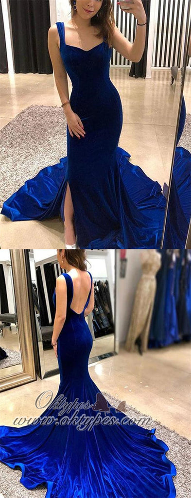 Charming Royal Blue Velvet Mermaid Prom Dresses with Split, TYP1608