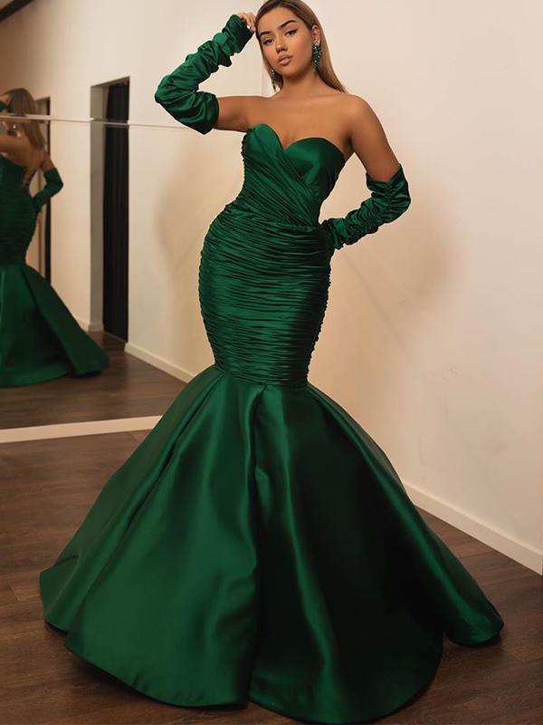 Sweetheart New Arrival Sleeveless Green Satin Mermiad Long Cheap Formal Prom Dresses, PDS0058