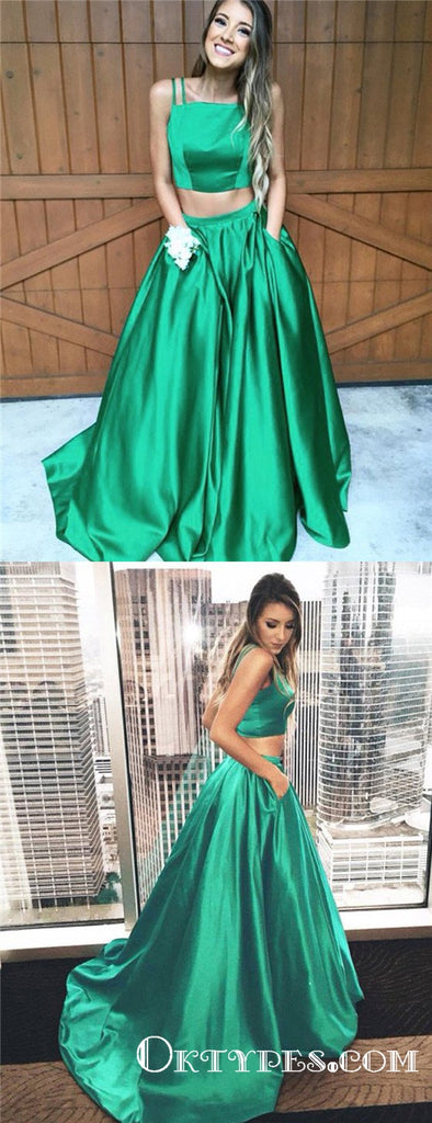 Two Piece Square Long Cheap Green Satin Prom Dresses with Pockets, TYP1824