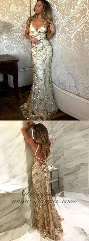 Mermaid Spaghetti Straps Champagne Tulle Prom Dress with Appliques, TYP1520