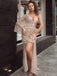 Sparkly Champagne Sequin One Shoulder Long Sleeves Sexy Side Slit Long Cheap Prom Dresses, PDS0072