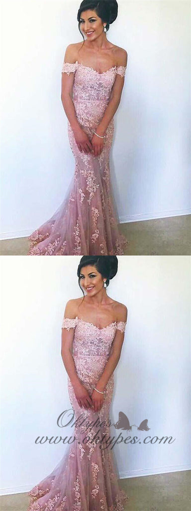 Pink Off Shoulder Lace Mermaid Sexy Long Prom Dresses Online, TYP1586